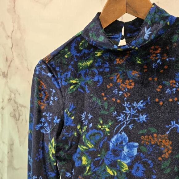 Maeve Dress Womens XS Blue Floral Velvet Midi Keyhole Constance Slit - Picture 2 of 13